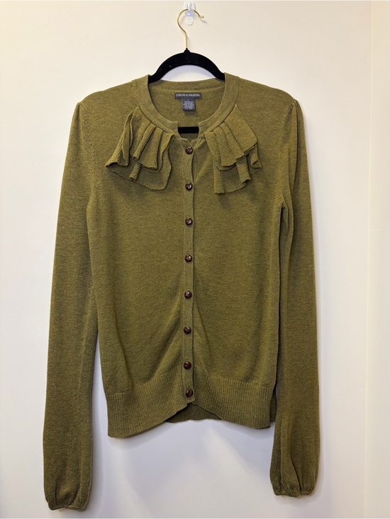 Chelsea & Theodore Sweaters - Chelsea & Theodore Olive Green Ruffle-Trim Button Cardigan Size Large